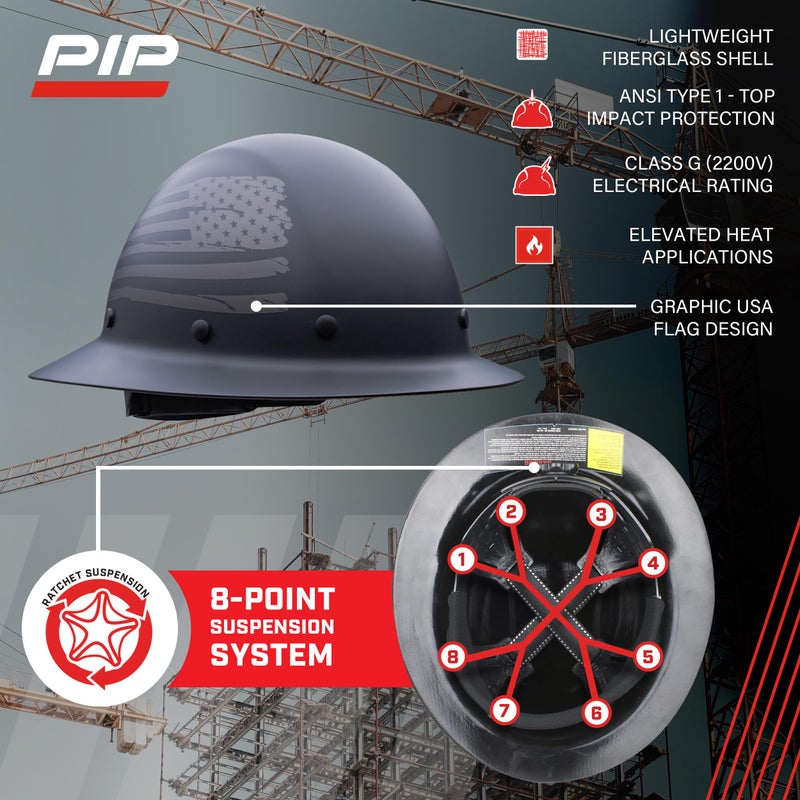 PIP Dynamic WolfJaw Fiberglass Full Brim Hard Hat with Wheel Ratchet  8 Point Suspension  ANSI/ISEA Z89.1 Type 1 Certified  Glass G Electrical Rating  Black (280-HP1481USA-11) - Image 2